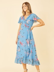 Blau - Yumi Bedrucktes Wickelkleid aus Satin mit Kranich-Print - Bild 3 von 5