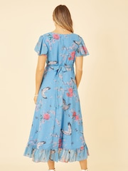 Blau - Yumi Bedrucktes Wickelkleid aus Satin mit Kranich-Print - Bild 4 von 5