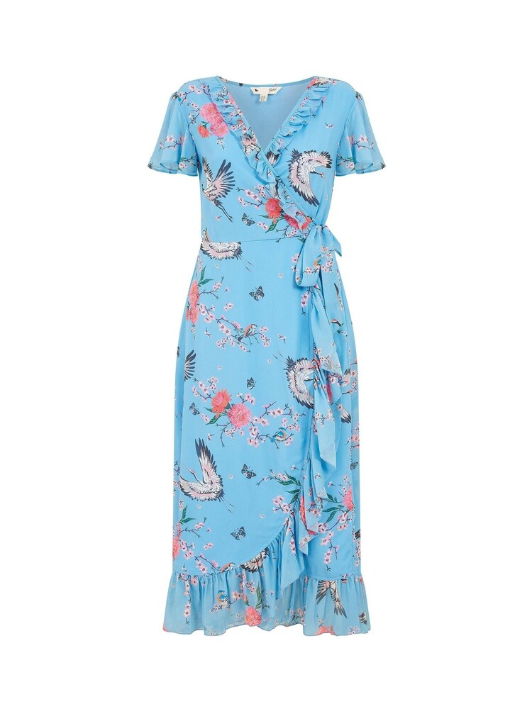Blau - Yumi Bedrucktes Wickelkleid aus Satin mit Kranich-Print - Bild 5 von 5 Blau - Yumi Bedrucktes Wickelkleid aus Satin mit Kranich-Print - Bild 5 von 5