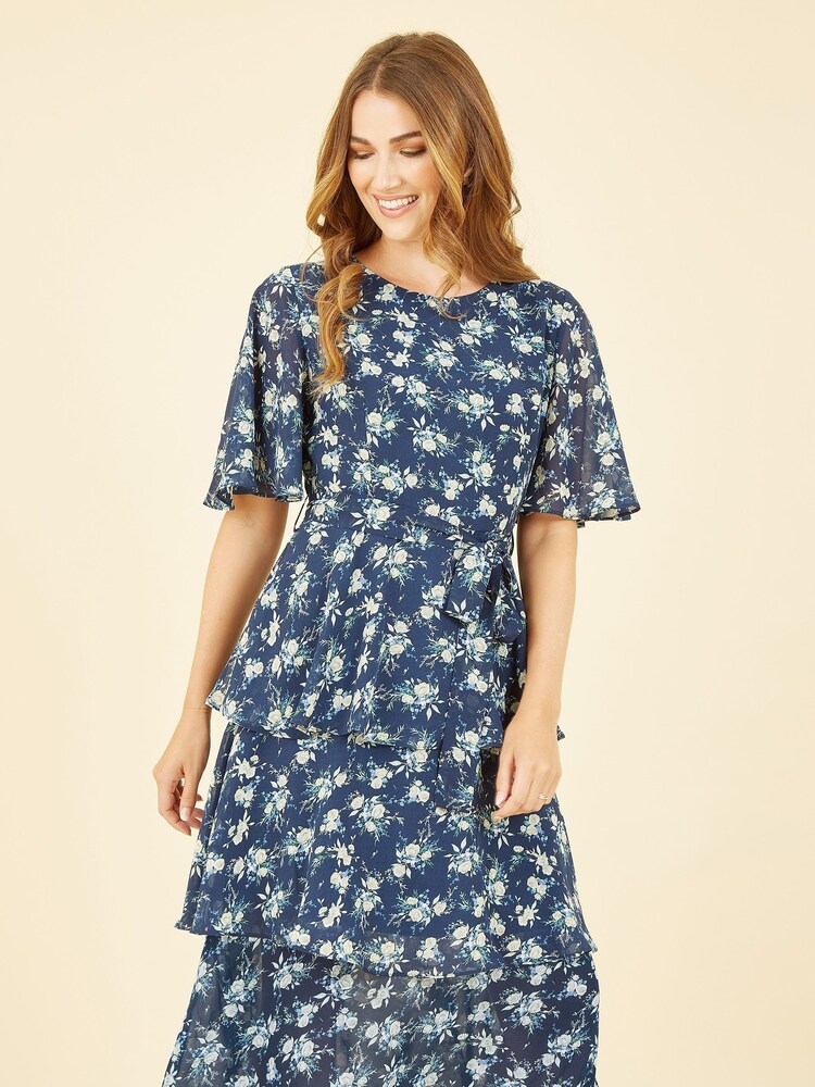 Yumi Blue Frill Layer Midi Dress - Image 2 of 5