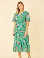 Grün - Yumi Geblümtes Midi-Wickelkleid mit Stufensaum - Bild 1 von 5