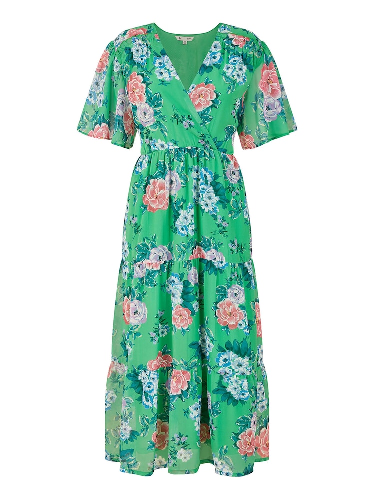 Grün - Yumi Geblümtes Midi-Wickelkleid mit Stufensaum - Bild 5 von 5