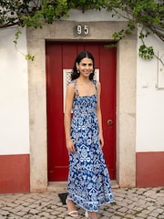 Yumi Blue Ikat Print Midi Sun Dress - Image 1 of 5