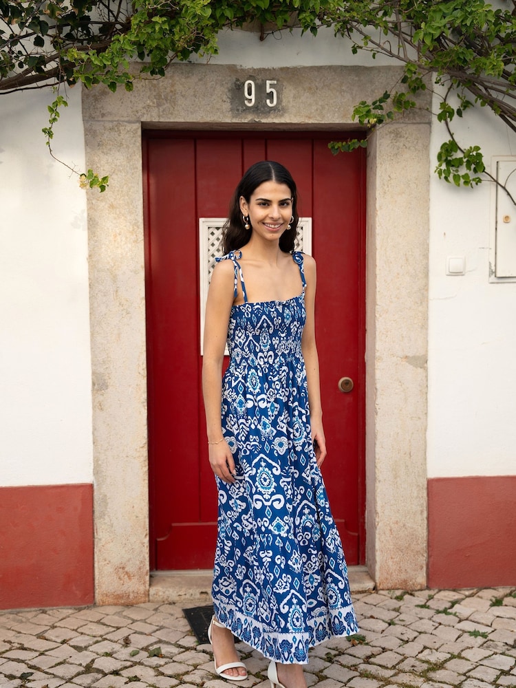 Yumi Blue Ikat Print Midi Sun Dress - Image 1 of 5