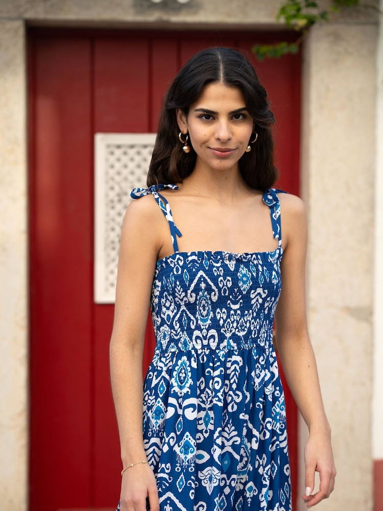 Yumi Blue Ikat Print Midi Sun Dress - Image 2 of 5