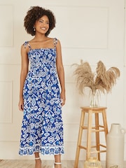 Yumi Blue Ikat Print Midi Sun Dress - Image 3 of 5