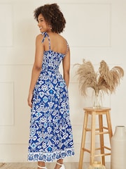 Yumi Blue Ikat Print Midi Sun Dress - Image 4 of 5