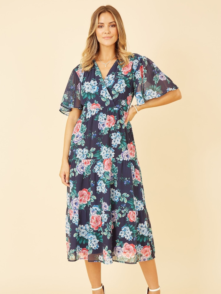 Blau - Yumi Geblümtes Midi-Wickelkleid mit Stufensaum - Bild 1 von 5