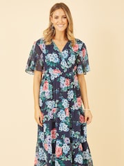 Blau - Yumi Geblümtes Midi-Wickelkleid mit Stufensaum - Bild 2 von 5
