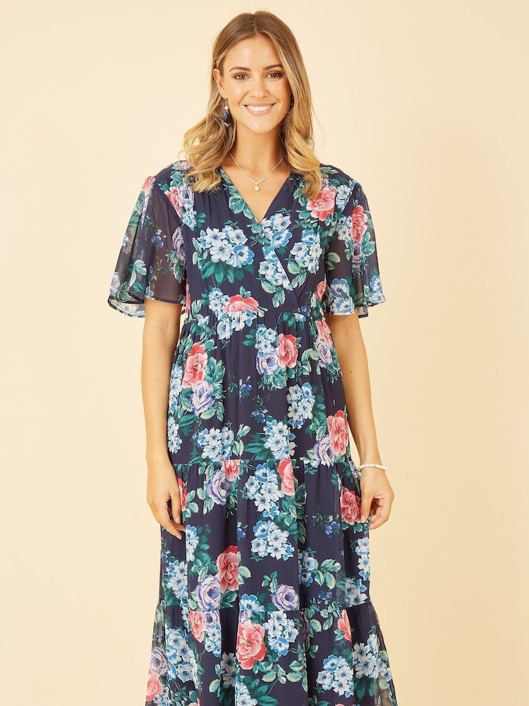 Blau - Yumi Geblümtes Midi-Wickelkleid mit Stufensaum - Bild 2 von 5