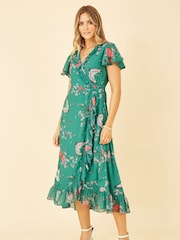 Yumi Green Satin Crane Print Wrap Dress - Image 1 of 5