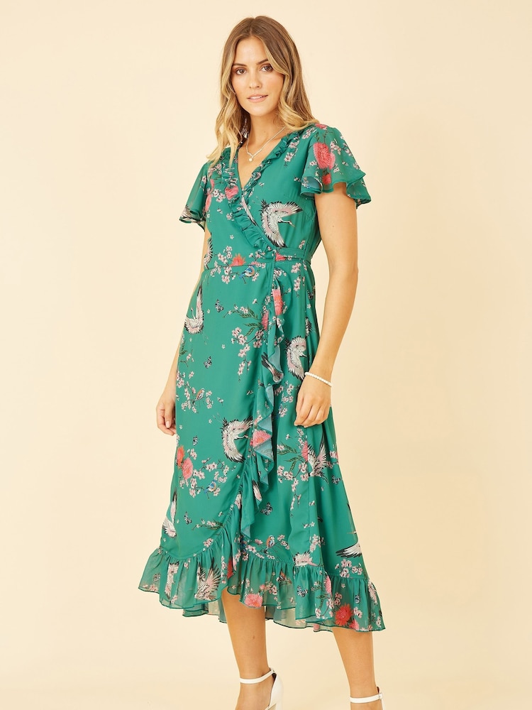 Yumi Green Satin Crane Print Wrap Dress - Image 1 of 5
