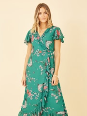 Yumi Green Satin Crane Print Wrap Dress - Image 2 of 5