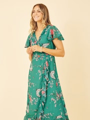 Yumi Green Satin Crane Print Wrap Dress - Image 3 of 5