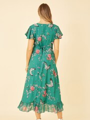 Yumi Green Satin Crane Print Wrap Dress - Image 4 of 5