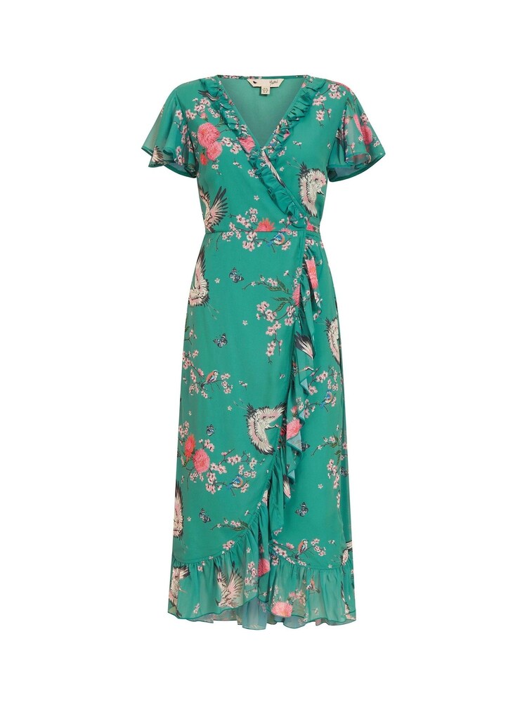Yumi Green Satin Crane Print Wrap Dress - Image 5 of 5