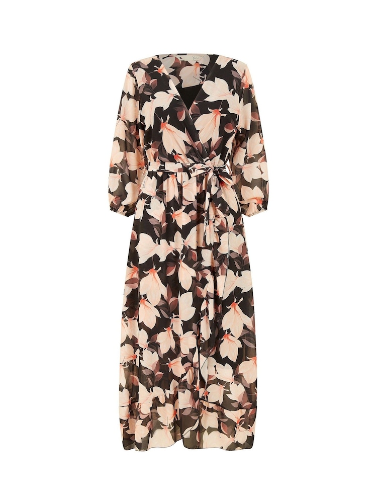 Yumi Multi Blossom Wrap Midi Dress With 3/4 Sleeves - Image 5 of 5 Yumi Multi Blossom Wrap Midi Dress With 3/4 Sleeves - Image 5 of 5