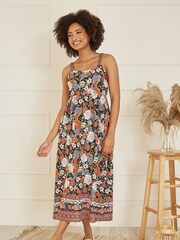 Yumi Black Retro Floral Print Midi Sun Dress With Border Hem - Image 1 of 5