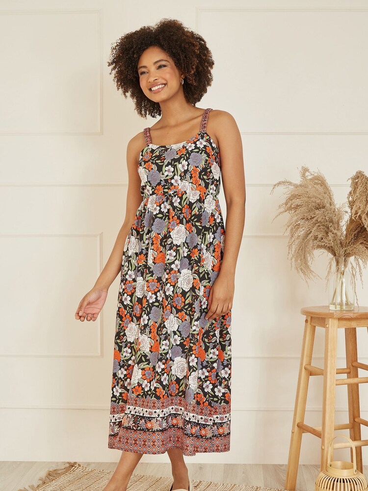 Yumi Black Retro Floral Print Midi Sun Dress With Border Hem - Image 1 of 5 Yumi Black Retro Floral Print Midi Sun Dress With Border Hem - Image 1 of 5