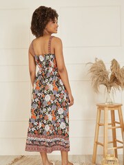 Yumi Black Retro Floral Print Midi Sun Dress With Border Hem - Image 4 of 5