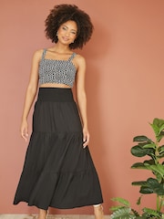 Yumi Black Voile Palm Leaf Print Ruched Waist Midi Skirt - Image 1 of 4