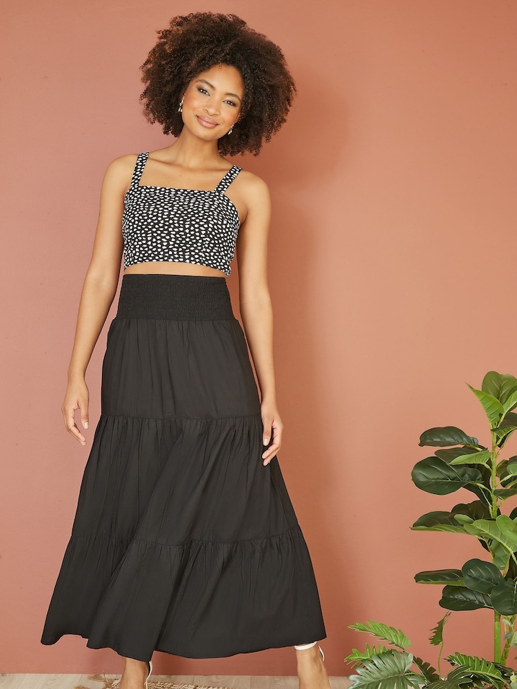 Yumi Black Voile Palm Leaf Print Ruched Waist Midi Skirt - Image 1 of 4