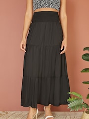 Yumi Black Voile Palm Leaf Print Ruched Waist Midi Skirt - Image 2 of 4