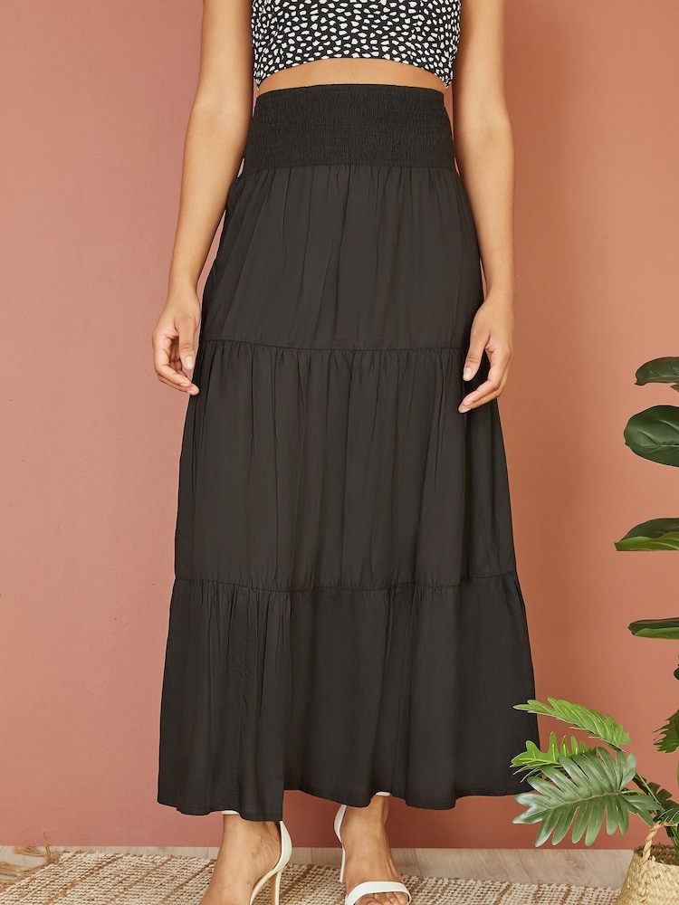 Yumi Black Voile Palm Leaf Print Ruched Waist Midi Skirt - Image 2 of 4