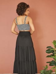 Yumi Black Voile Palm Leaf Print Ruched Waist Midi Skirt - Image 3 of 4