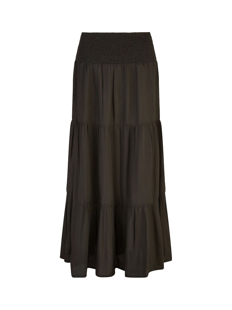 Yumi Black Voile Palm Leaf Print Ruched Waist Midi Skirt - Image 4 of 4