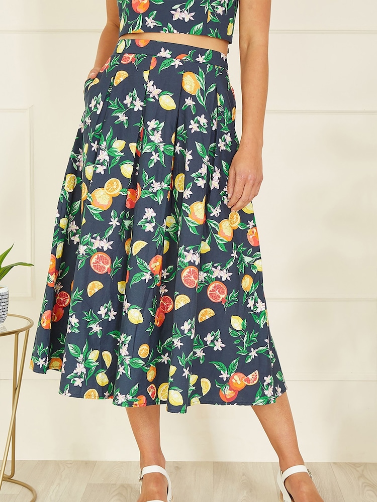 Yumi Blue 100% Cotton Citrus Print Midi Skirt - Image 2 of 4