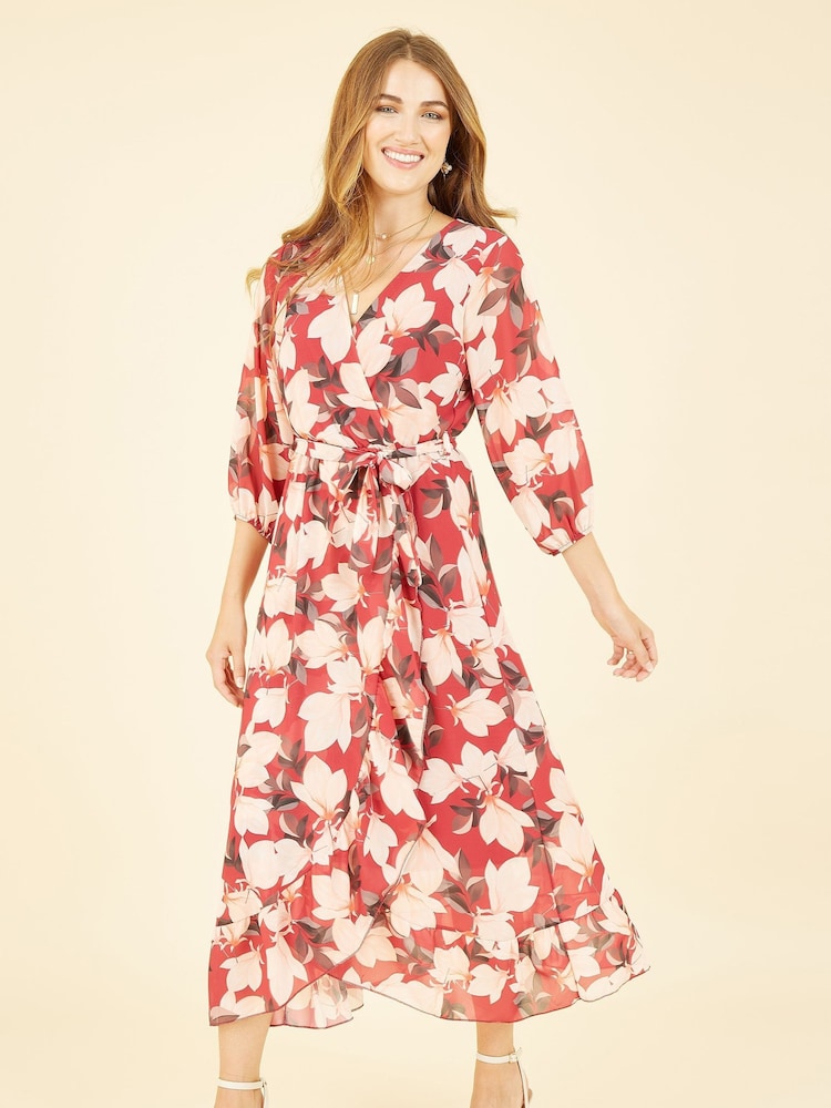 Yumi Red Blossom Wrap Midi Dress With 3/4 Sleeves - Image 1 of 5