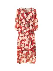 Yumi Red Blossom Wrap Midi Dress With 3/4 Sleeves - Image 5 of 5