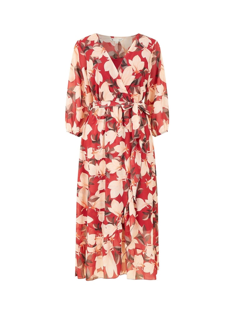 Yumi Red Blossom Wrap Midi Dress With 3/4 Sleeves - Image 5 of 5