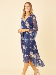 Yumi Blue Floral Wrap Dress With Dipped Hem - Image 1 of 1