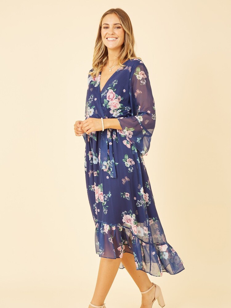Yumi Blue Floral Wrap Dress With Dipped Hem - Image 1 of 1