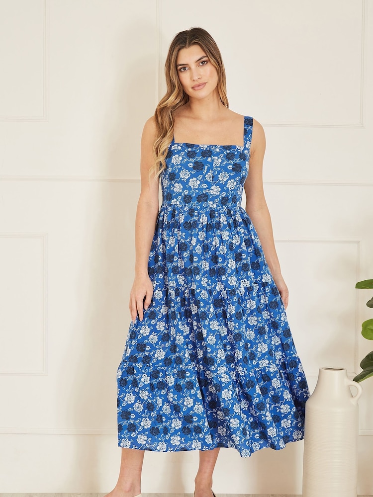 Yumi Blue 100% Cotton Voile Floral Strappy Midi Sun Dress - Image 1 of 4 Yumi Blue 100% Cotton Voile Floral Strappy Midi Sun Dress - Image 1 of 4