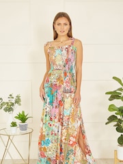 Yumi Pink Patchwork Split Hem Maxi Dress With Tie Straps - Image 1 of 5