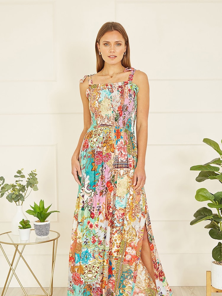 Yumi Pink Patchwork Split Hem Maxi Dress With Tie Straps - Image 1 of 5