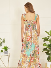 Yumi Pink Patchwork Split Hem Maxi Dress With Tie Straps - Image 4 of 5