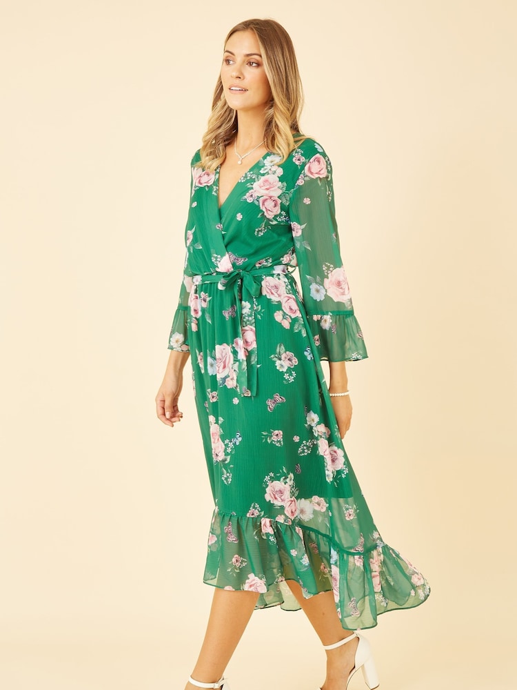 Yumi Green Floral Wrap Dress With Dipped Hem - Image 1 of 5
