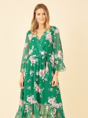 Yumi Green Floral Wrap Dress With Dipped Hem - Image 2 of 5