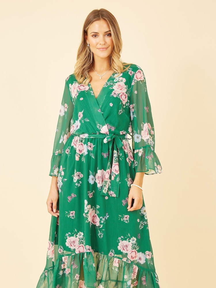 Yumi Green Floral Wrap Dress With Dipped Hem - Image 2 of 5