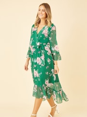 Yumi Green Floral Wrap Dress With Dipped Hem - Image 3 of 5