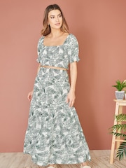Yumi Green Voile Palm Leaf Print Ruched Waist Midi Skirt - Image 1 of 4