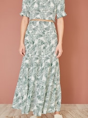 Yumi Green Voile Palm Leaf Print Ruched Waist Midi Skirt - Image 2 of 4