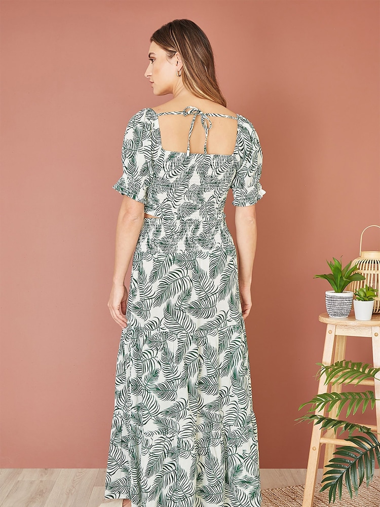 Yumi Green Voile Palm Leaf Print Ruched Waist Midi Skirt - Image 3 of 4