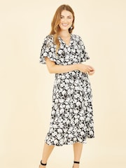 Yumi Black Floral Wrap Midi Dress - Image 1 of 5