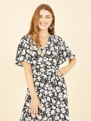 Yumi Black Floral Wrap Midi Dress - Image 3 of 5