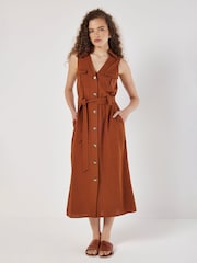 Apricot Brown Open Collar Utility Dress - Image 1 of 2